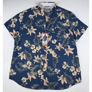 Seapointe Men's XXL Hawaiian Tropical Button-Up Shirt Short Sleeve Stretch Blue